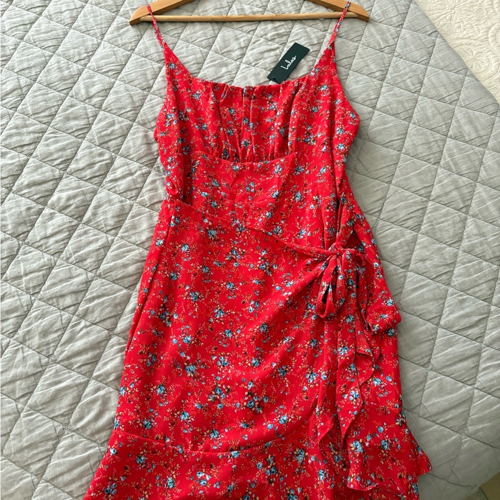 Lulu's Vibrant Red Asymmetrical Floral Dress